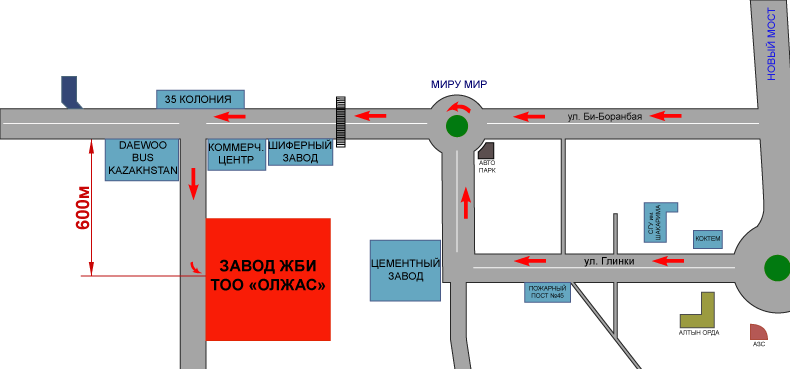 Схема проезда на завод ЖБИ ТОО Олжас